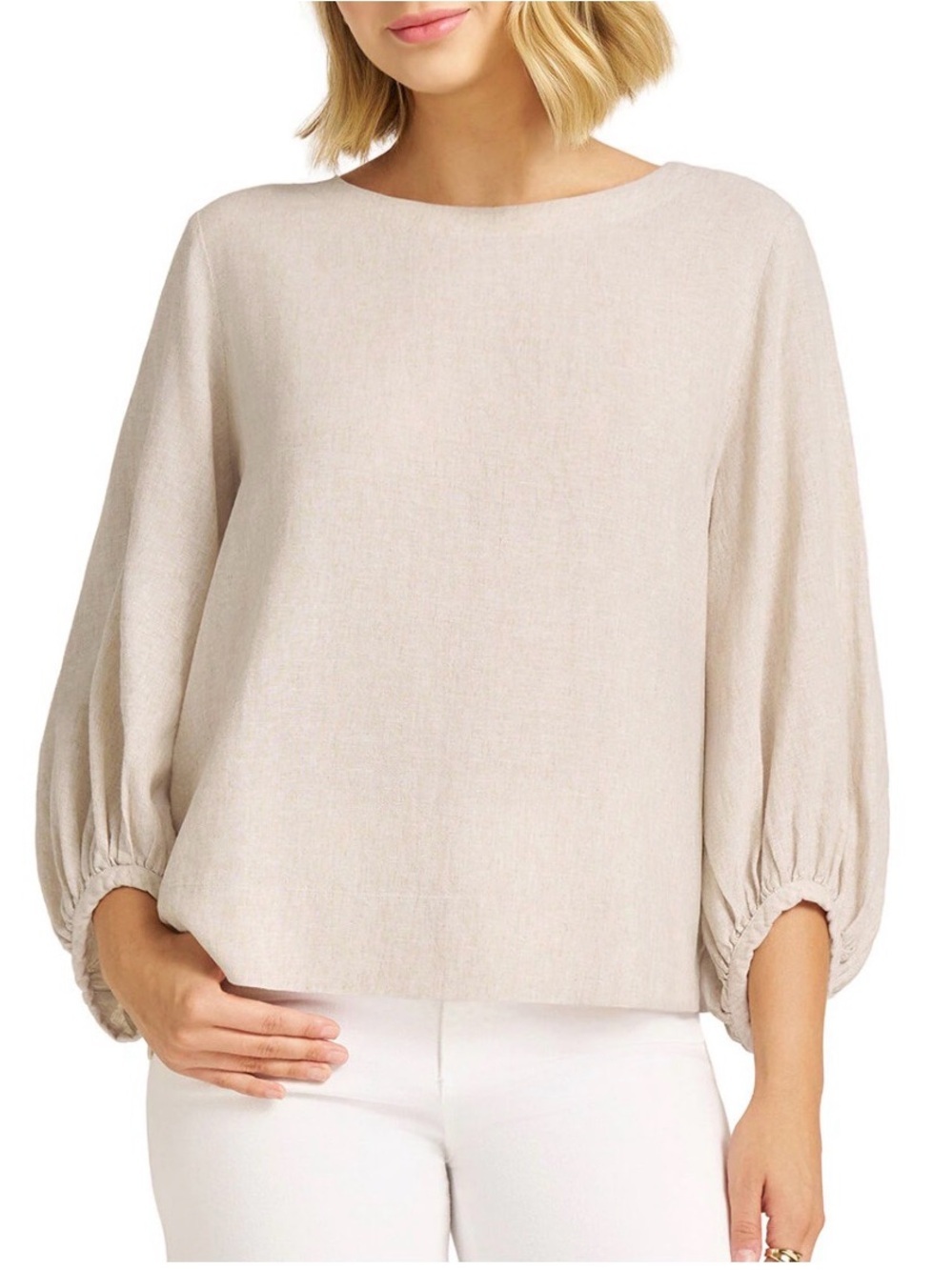 Matty M Beige Boatneck Balloon-Sleeve Blouse